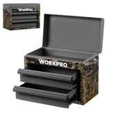 WORKPRO mini toolbox camouflage top compartment keeps small parts organized at a glance.