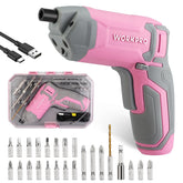 WorkPro pink cordless screwdriver kit ready for quick assembly tasks and storage.