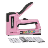 WORKPRO Pink 6-in-1 staple gun versatile for upholstery and carpentry tasks.