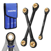 WORKPRO 3-piece 4-in-1 ratcheting wrench set in a compact case for on-the-go maintenance