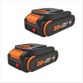 WORX 20V battery pack with two 2.0Ah cells for extended runtime.