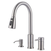 WOWOW 3-hole kitchen faucet in brushed nickel with sprayer for versatile kitchen tasks.
