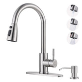 WOWOW kitchen faucet in brushed nickel with pull-down spray, anti-fingerprint and easy to wipe clean.