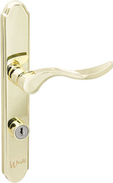 Wright Products Serenade mortise lever lock in brass finish close-up, versatile for doors