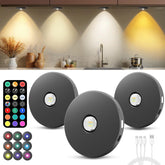 WTXPZM puck light with remote control illuminating a cabinet