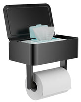 WZKALY toilet paper holder with shelf in matte black, within-reach essentials and hidden storage.