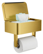 WZKALY toilet paper holder with shelf in gold keeps rolls and wipes organized.