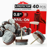X-Protector nail-on felt pad on chair leg protects hardwood floors from scratches.