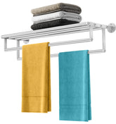 XEENEW double towel rack with shelf in brushed nickel keeps towels neatly organized and accessible.