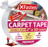 XFasten double-sided carpet tape roll securing rugs with strong grip.