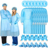 Xuhal blue disposable isolation gowns provide full coverage for lab work.