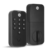 Yale Code keypad on the front door with backlit digits for night entry.