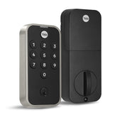 Yale Code keypad front door in satin nickel enables convenient keyless entry.
