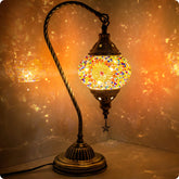 Yarra-Decor Swan-neck Tiffany mosaic lamp with bronze base for stylish bedside lighting.