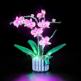 YEABRICKS orchid LED kit front view adds warm glow to the Lego display.