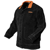YesWelder black leather welding jacket front view shows sturdy protection and a clean silhouette.