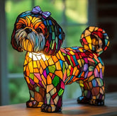 Yevheniy pug lamp and dachshund table lamp on a living room shelf showing warm ambient light