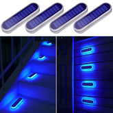 YiLaie blue solar dock lights four-pack installed on a dock for safe nighttime navigation.