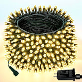 YIQU warm white 200-LED string lights on green wire for cozy outdoor ambiance.
