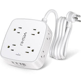 YISHU 6ft surge protector front view with 8 outlets and USB ports for versatile charging.