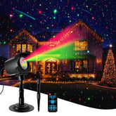 Yivsen Christmas projector light with metal housing projects vivid red and green laser patterns for outdoor holiday decor.