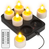 Yme rechargeable tea light on charging base for easy daily setup.