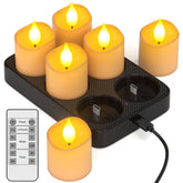 Yme rechargeable tea light on charger base showing organized charging for six candles