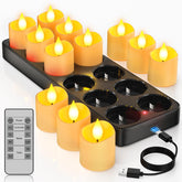 Yme rechargeable tea lights with charger base for organized storage and quick recharging.