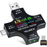 YOJOCK USB-C tester front view with color display showing voltage and current readings.