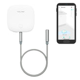 YoLink Water Leak Sensor base unit showing long-range capability for remote detection