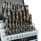 Yougfin metal drill bit set in black-gold finish in a case for organized drilling.