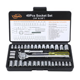 YSMD 40-piece socket set displayed with all components for home repairs.