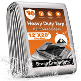 Yumatum 12x20ft heavy-duty tarp in silver-black for outdoor protection.