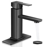 YXOCVIR black bathroom faucet shown with a sleek single-hole vanity setup