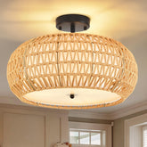 ZECOXOL boho flush-mount ceiling light with woven rattan for warm hallway illumination.