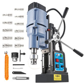 ZELCAN magnetic drill press 1550W in action on metal for precise hole drilling.