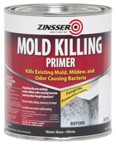 Zinsser white mold-killing primer can with label highlighting antimicrobial protection