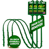 Zip-It 25-inch drain snake unclogs bathroom hair quickly.