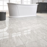 ZRJT marble-look floor tiles in glossy light grey for a stylish, easy-to-clean upgrade