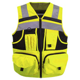 ZUJA safety vest front view with 3M reflective stripes for day and night visibility.