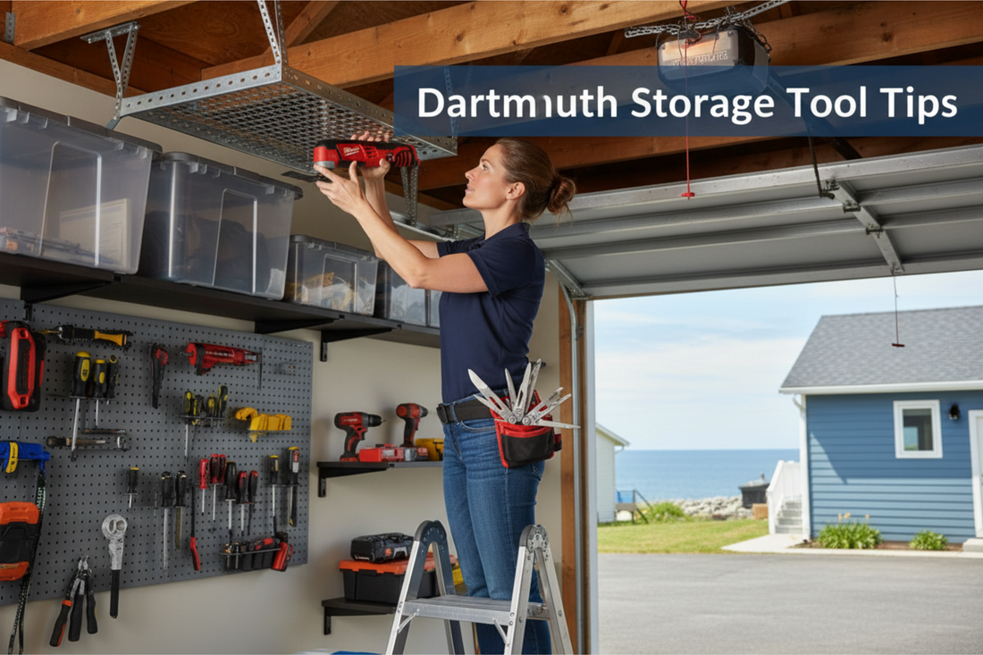 Woman in casual work clothes organizing garage storage in Dartmouth Nova Scotia using Jusgym overhead storage rack and TORACK wall-mounted tool organizer - text overlay "Dartmouth Garage Storage Tool Tips"