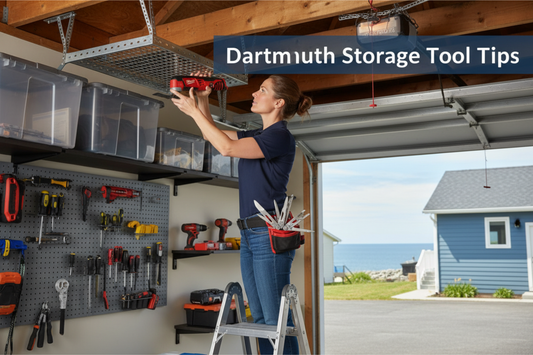 Woman in casual work clothes organizing garage storage in Dartmouth Nova Scotia using Jusgym overhead storage rack and TORACK wall-mounted tool organizer - text overlay "Dartmouth Garage Storage Tool Tips"
