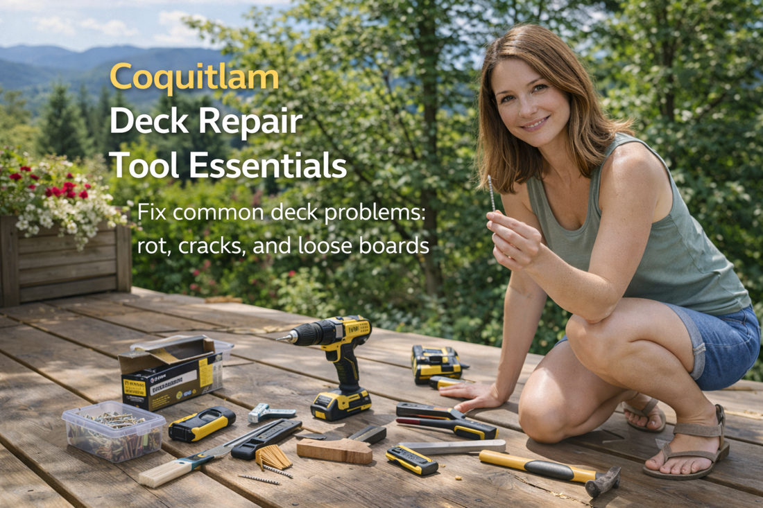 Summer deck repair in Coquitlam: homeowner using essential tools to fix loose boards and improve outdoor living space.