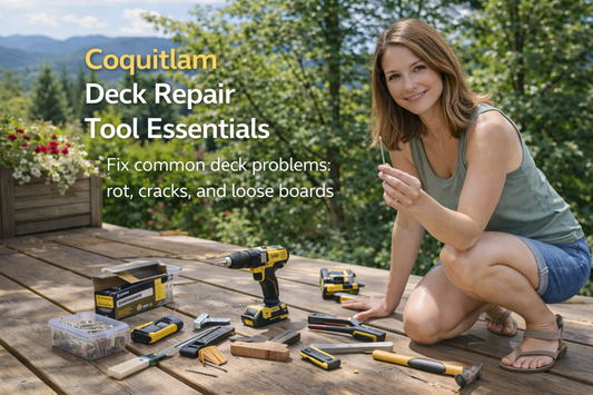 Summer deck repair in Coquitlam: homeowner using essential tools to fix loose boards and improve outdoor living space.