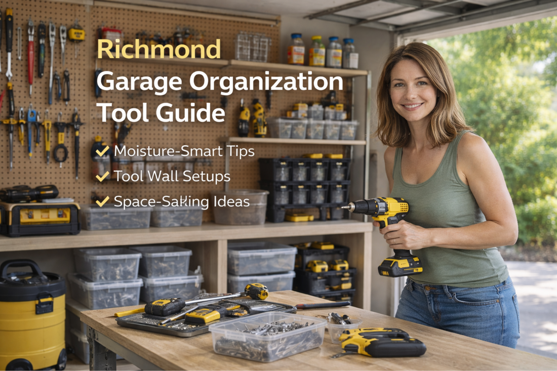 Richmond BC garage organization - wall-mounted tool racks, pegboard system and stackable storage bins for coastal garage setup