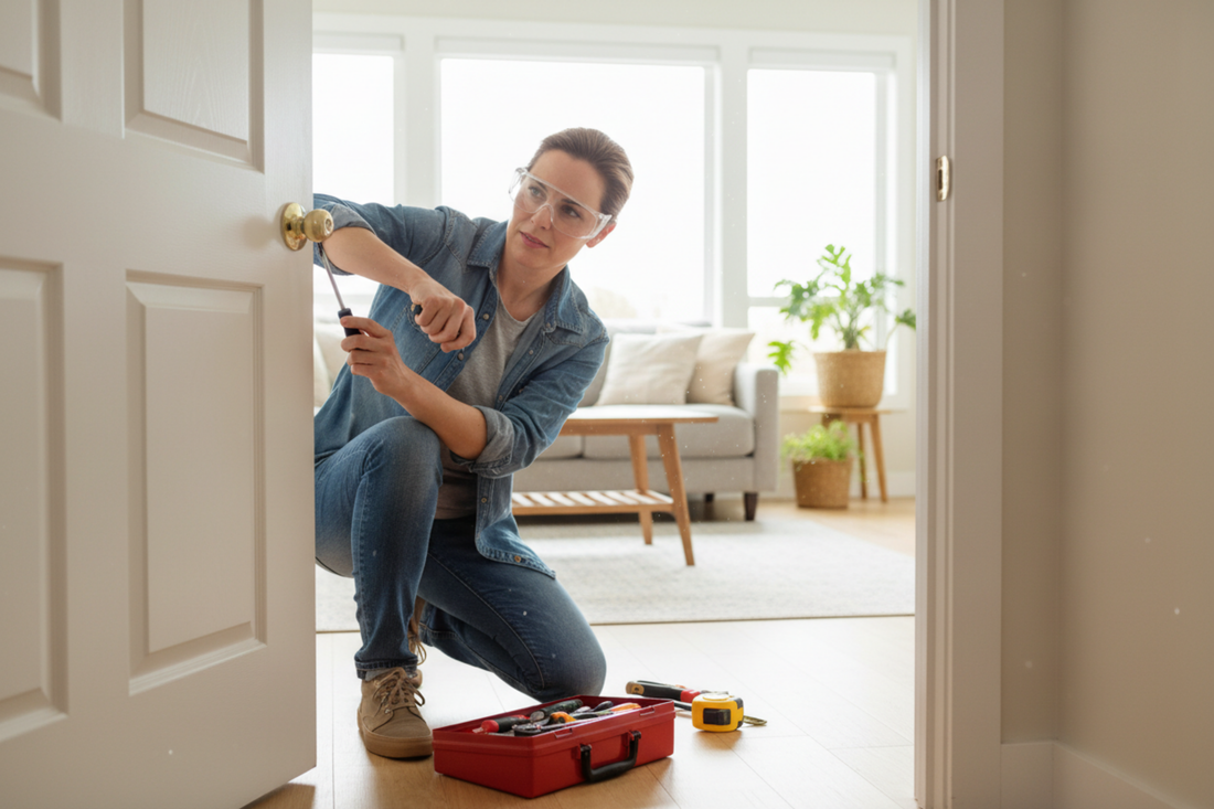 Woman wearing safety glasses using screwdriver to fix loose door hinge during home repair DIY project