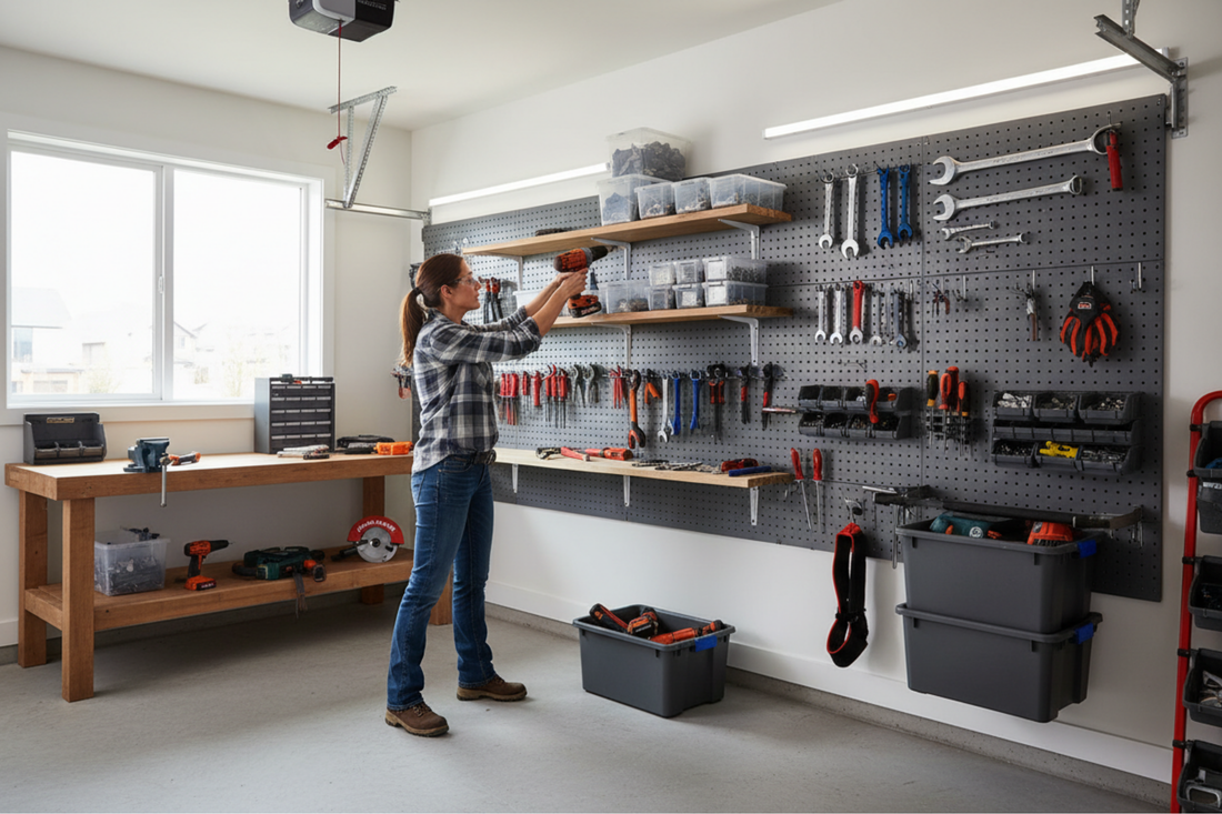 Woman installing wall-mounted tool storage system in organized Brampton garage workshop