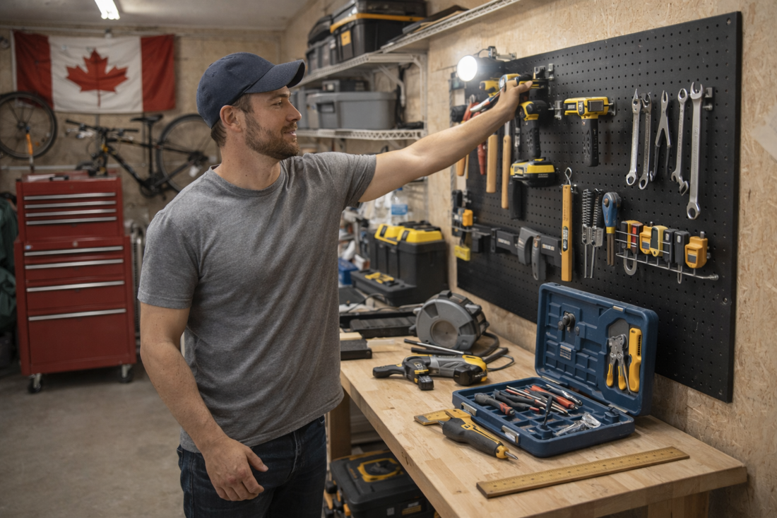 Brampton garage workshop - pegboard tool storage, LED work lights and cordless drill for GTA garage organization