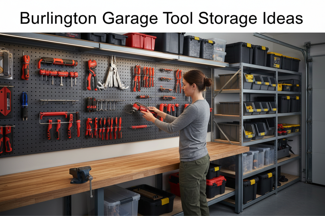 Woman in casual work attire organizing professional tools on wall-mounted pegboard storage in Burlington Ontario garage with Milwaukee M12 multi-tool and LEATHERMAN Wave+ - text overlay "Burlington Garage Tool Storage Ideas"