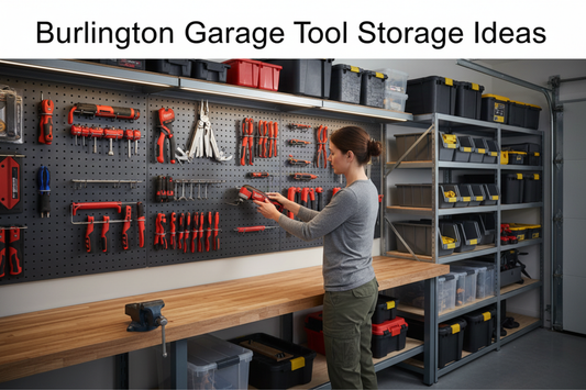 Woman in casual work attire organizing professional tools on wall-mounted pegboard storage in Burlington Ontario garage with Milwaukee M12 multi-tool and LEATHERMAN Wave+ - text overlay "Burlington Garage Tool Storage Ideas"